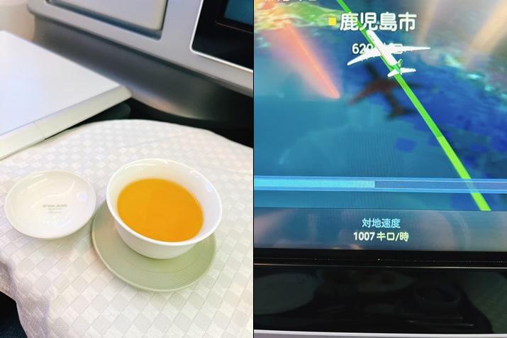 台北（桃園）から関空まで乗ったエバー航空のビジネスクラスで有名な美味しいウーロン茶を堪能